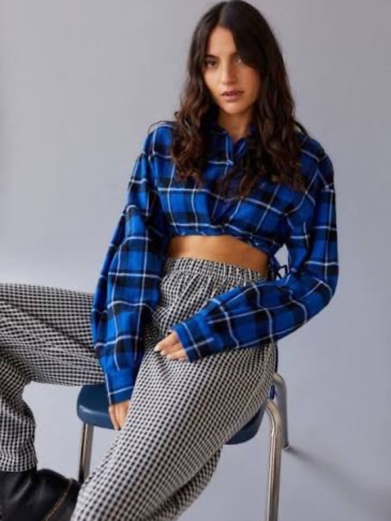 Lioness Tops - Lioness Hideaway Blue Plaid Cropped Wrap Tie Flannel Shirt